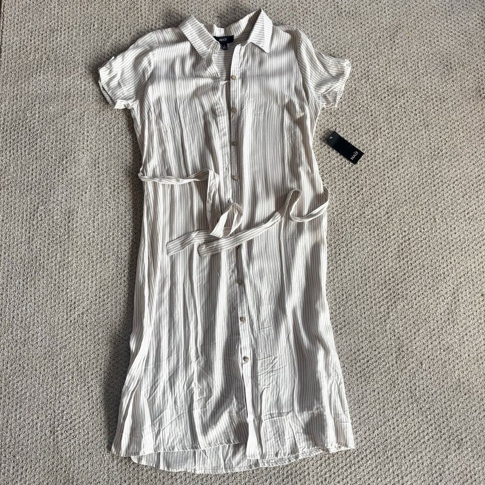 Naïf Dress Size L Lightweight Natural Beige Long Tunic Sleeve Belted Button Up